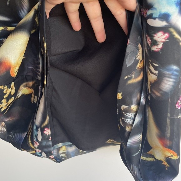 TED BAKER BLACK & MULTI COLOURED BIRD PRINT LONG SLEEVE DRESS SIZE 2 US 6 - Picture 7 of 10